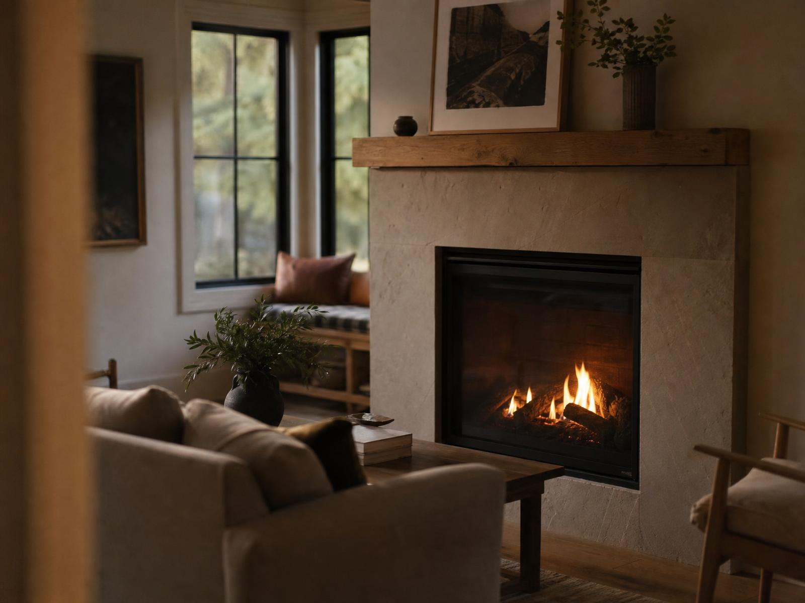 Gas fireplace installed by Environmental Trades burning in a Charlotte-area living room