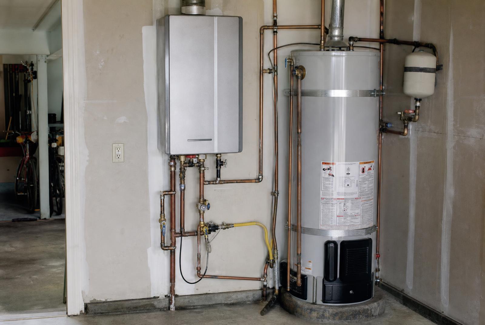 Technician installing a residential water heater